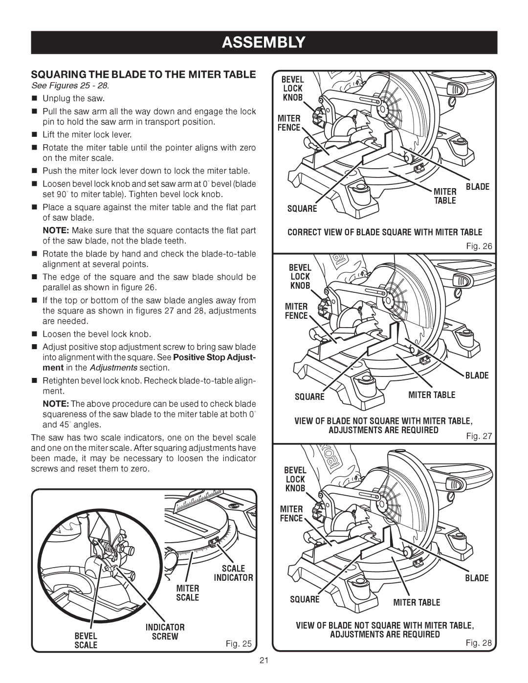 Ryobi TS1141 manual Squaring the Blade to THE MITER Table, See Figures 25 